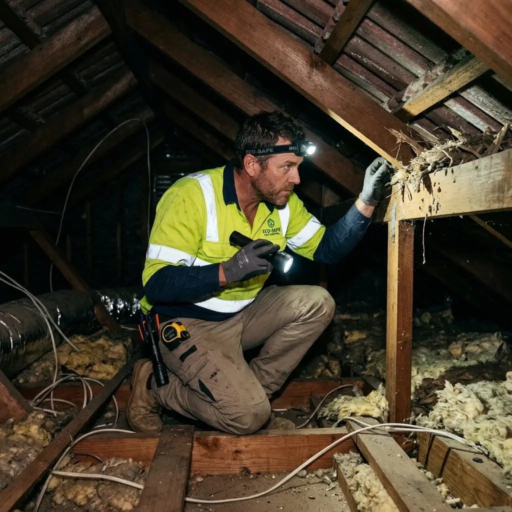 Technician inspecting a roof cavity for a dead animal in Balnarring
