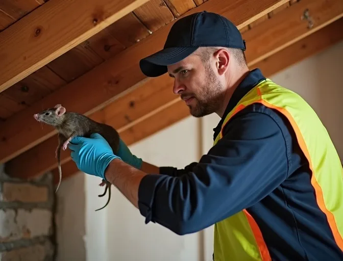 Technician inspecting a roof cavity for a dead rat in Balnarring